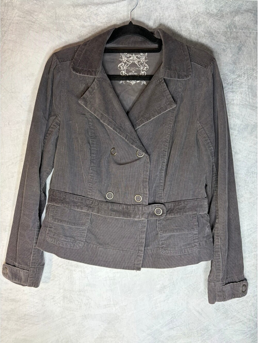 Sonoma Women’s M Gray Corduroy Double Breasted Belted Jacket Blazer Cotton